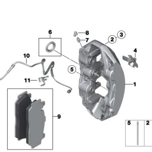 F10_front-1jpg | 34 11 2 284 869 - BMW M5 F10 front repair kit brake pads | High Performance Tuning of brake systems for all cars: BMW, Mercedes, Audi, VW, Bentley, Maseratti and etc Exploded view of a disc brake assembly showing the caliper, brake pads, rotor, wear-sensor cable, and mounting hardware.