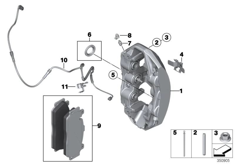 Exploded view of a disc brake assembly showing the caliper, brake pads, rotor, wear-sensor cable, and mounting hardware.